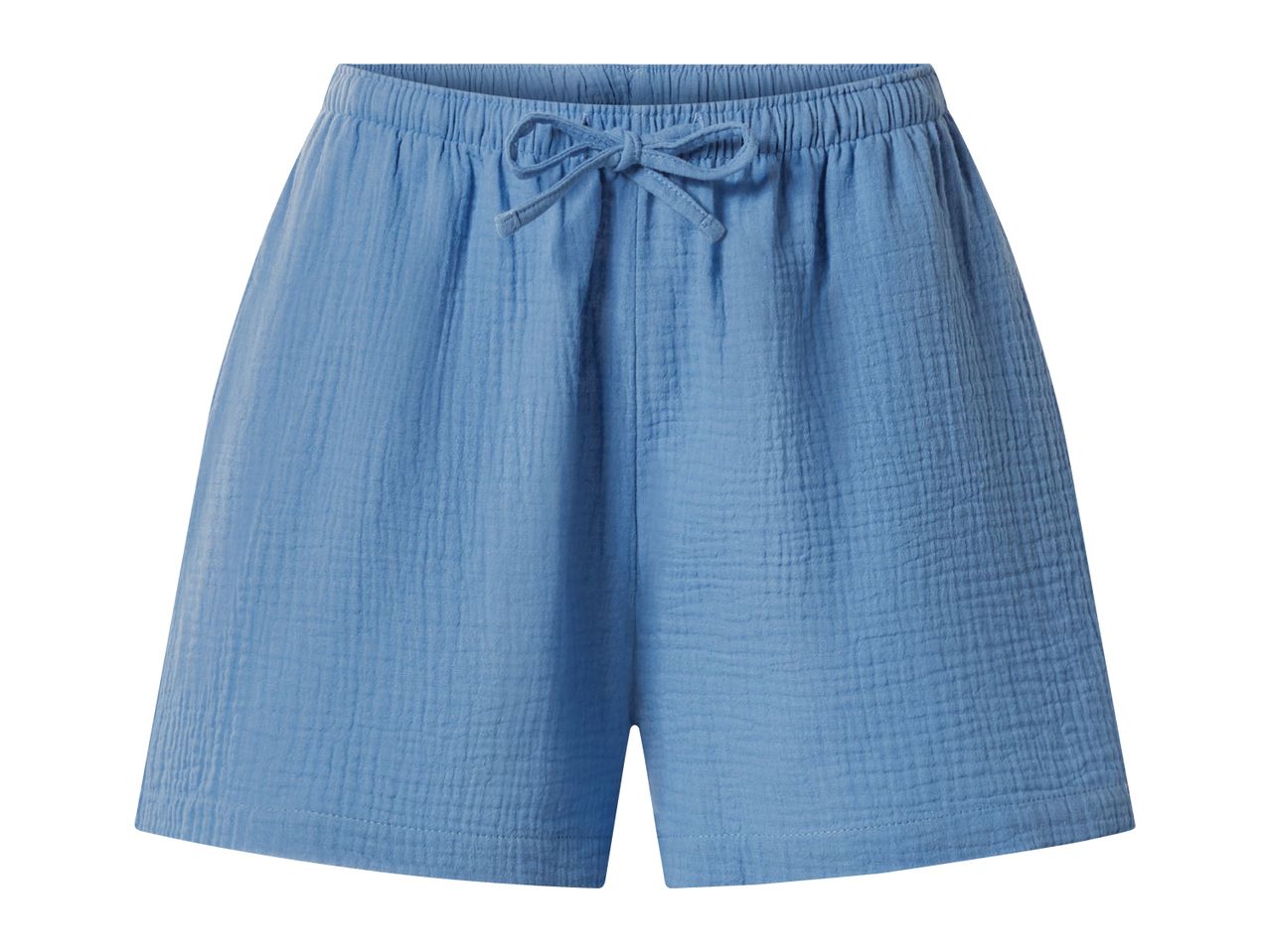 Blue crinkled fabric shorts with an elastic waistband and a decorative tie.