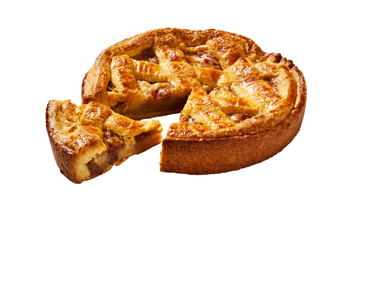 Een hele appeltaart met een uitgesneden plak ernaast.