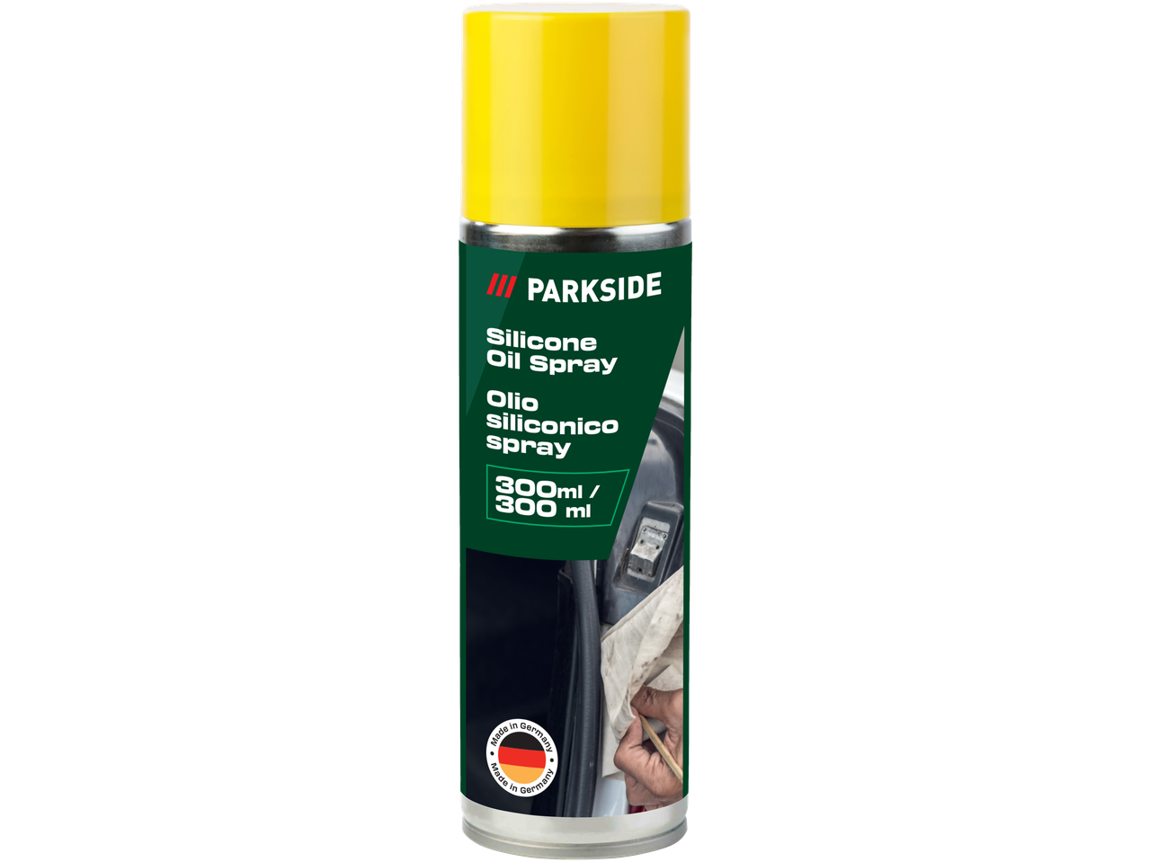 PARKSIDE Silicone Oil Spray, 300ml, Made in Germany, with a hand cleaning a car interior.