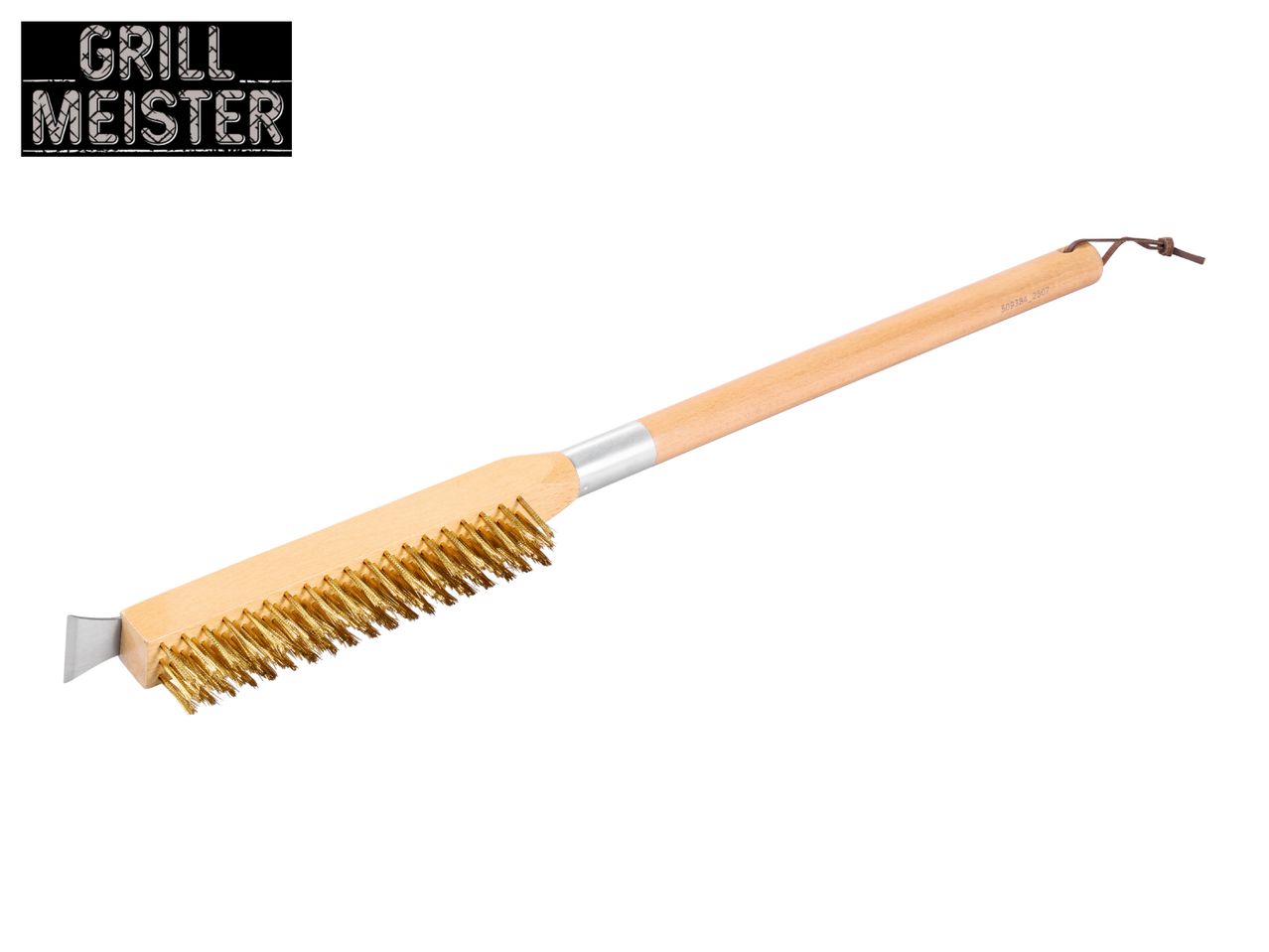 Grill cleaning brush with brass bristles and a wooden handle, featuring a metal scraper.