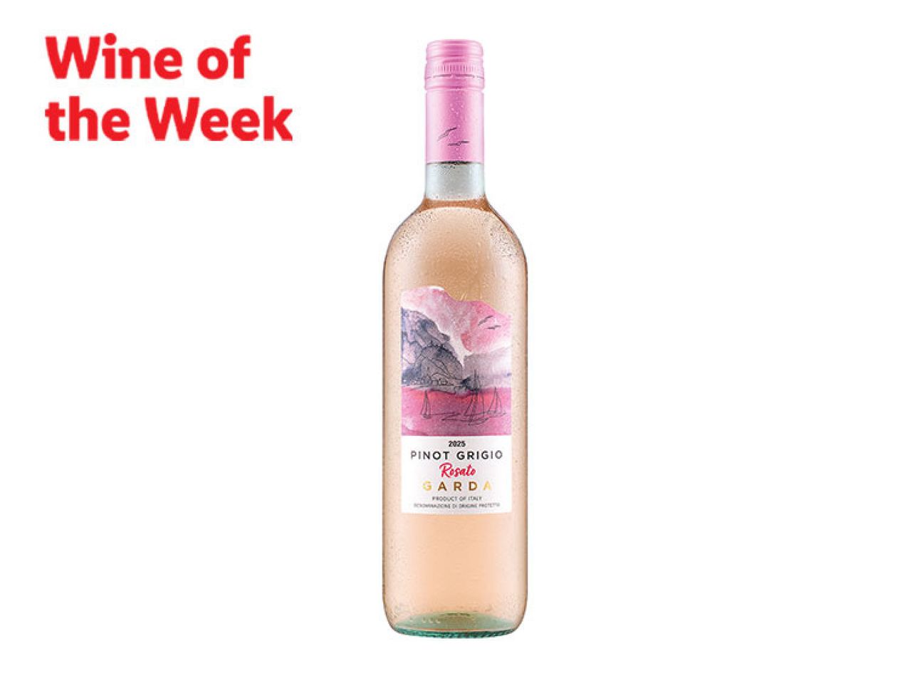 Wine of the Week: A bottle of rosé wine with a pink label featuring a scenic design.