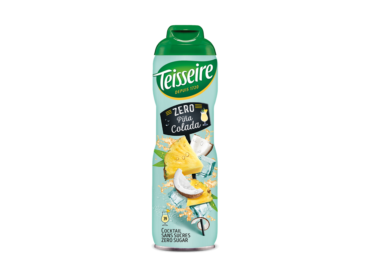 Fles met Piña Colada siroop, met ananas, kokos en ijsblokjes.