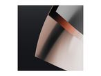 Abstract composition of curved metallic surfaces in black, copper, and silver tones.