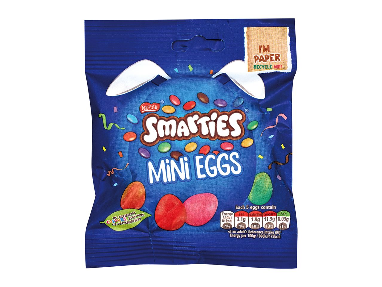 Blue bag of mini chocolate eggs with bunny ears, confetti, and nutritional information.