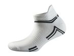 White athletic ankle sock with black stripes on the heel and arch.