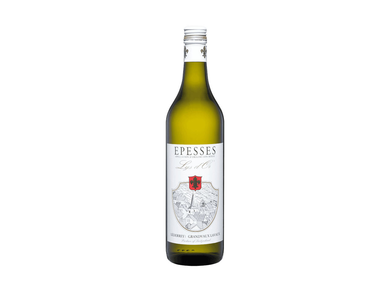 Flasche Weißwein mit einem Etikett, das eine Stadtlandschaft und ein Wappen zeigt.