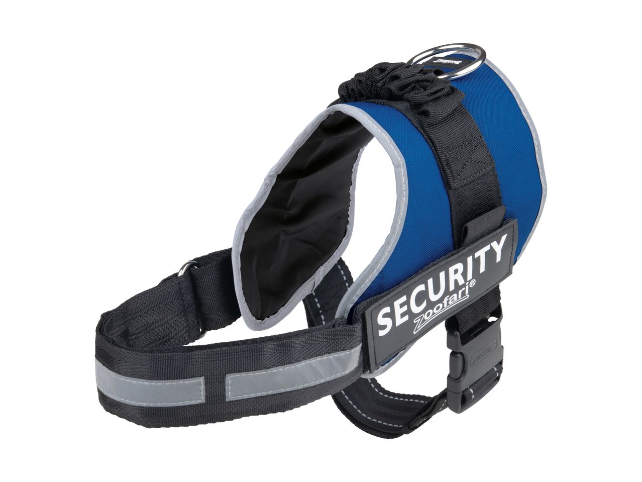 Zooafari Security dog harness in blue with reflective strips.
