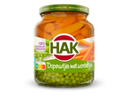 Glazen pot met doperwtjes en worteltjes, met een label dat 100% natuurlijke ingrediënten en Nutri-Score A vermeldt.
