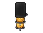 A vertical sandwich maker with toasted bread inside.