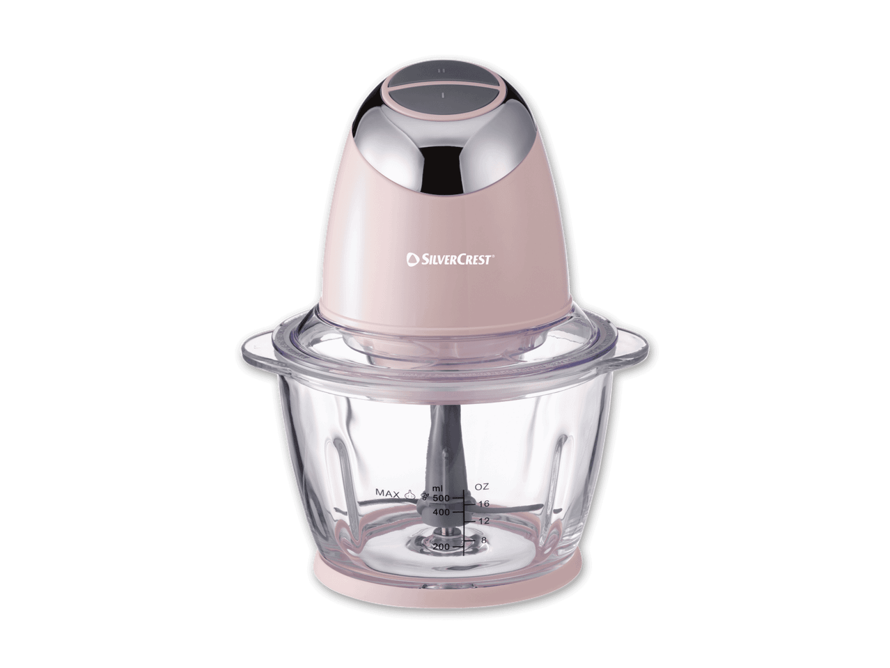 Ein rosa SilverCrest-Zerkleinerer mit Glasbehälter steht auf schwarzem Hintergrund.
