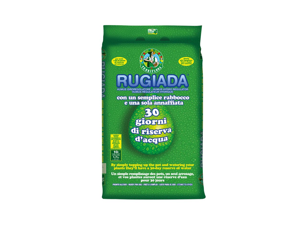Sacchetto di Terriflora Rugiada, concime idroregolatore per piante, con riserva d'acqua di 30 giorni.