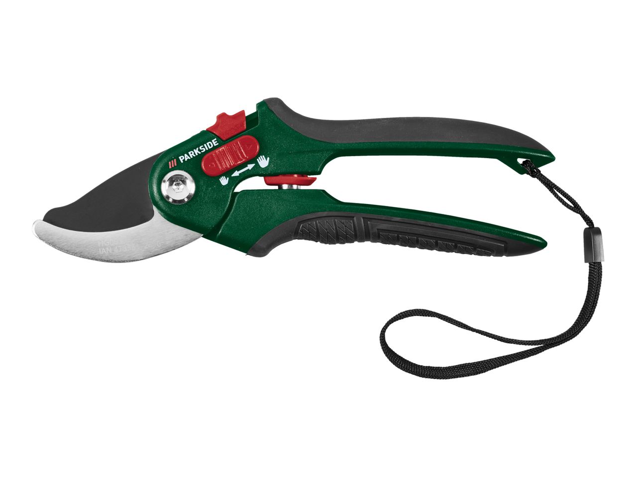 Green and black bypass pruning shears with a red safety lock and a black wrist strap.