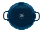 Dark blue round baking dish with handles, showing cooking hob compatibility symbols.