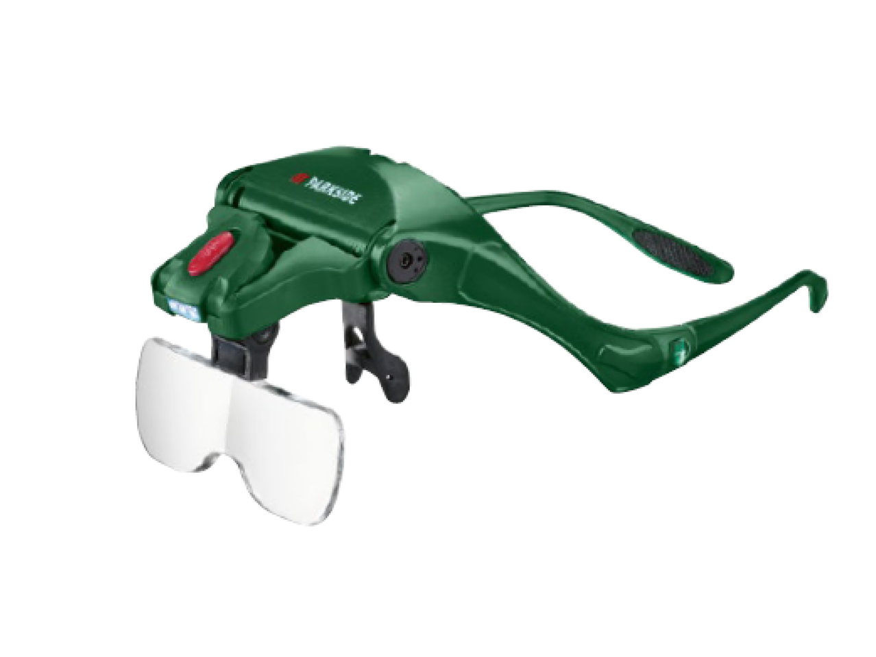 Óculos de aumento verdes com luz LED e lentes transparentes.