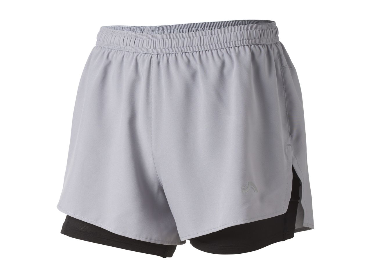 Light grey men's running shorts with black inner shorts and an elastic waistband.