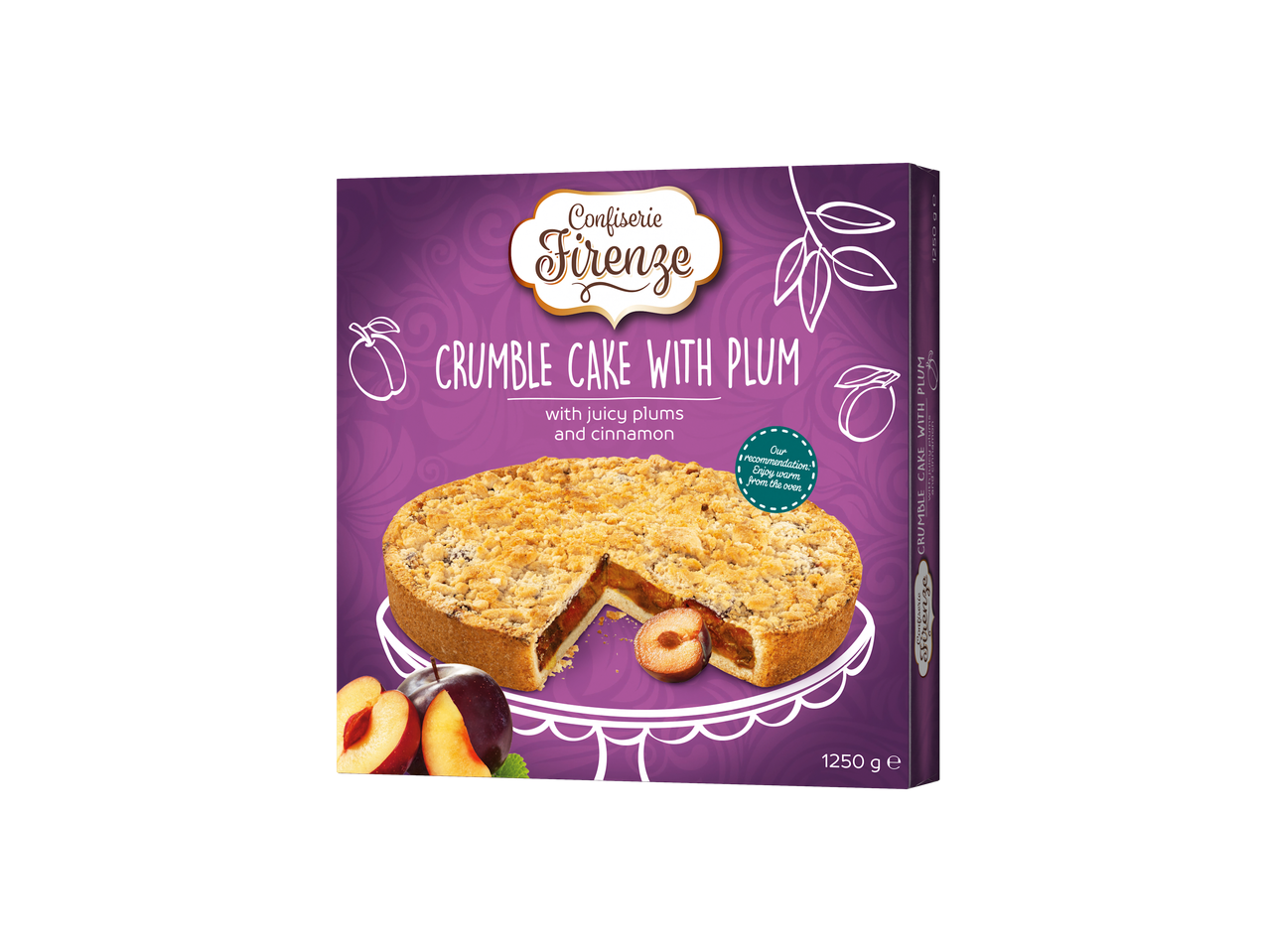 Cutie de tort cu crumble de prune Confiserie Firenze, cu greutatea de 1250g.