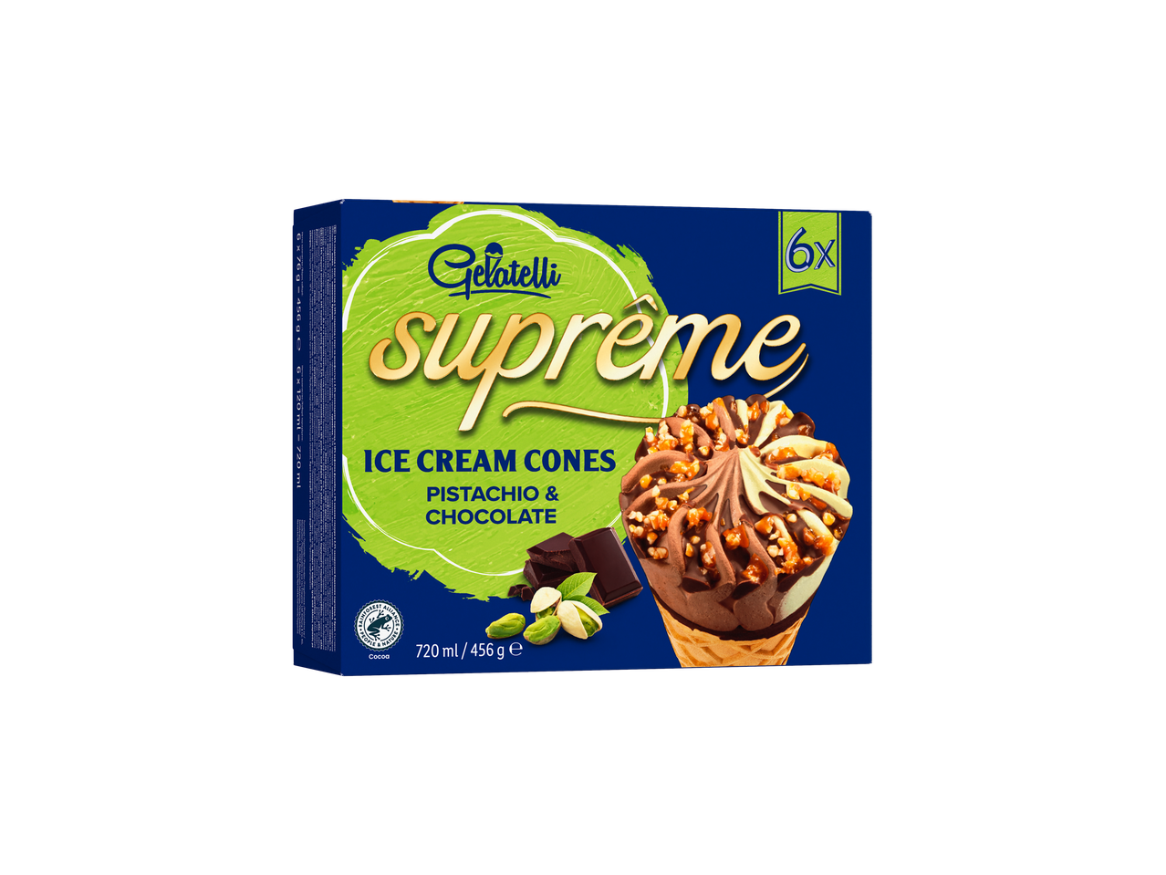 Cornete cu înghețată Gelatelli Supreme: pistacii & ciocolată (6 bucăți).