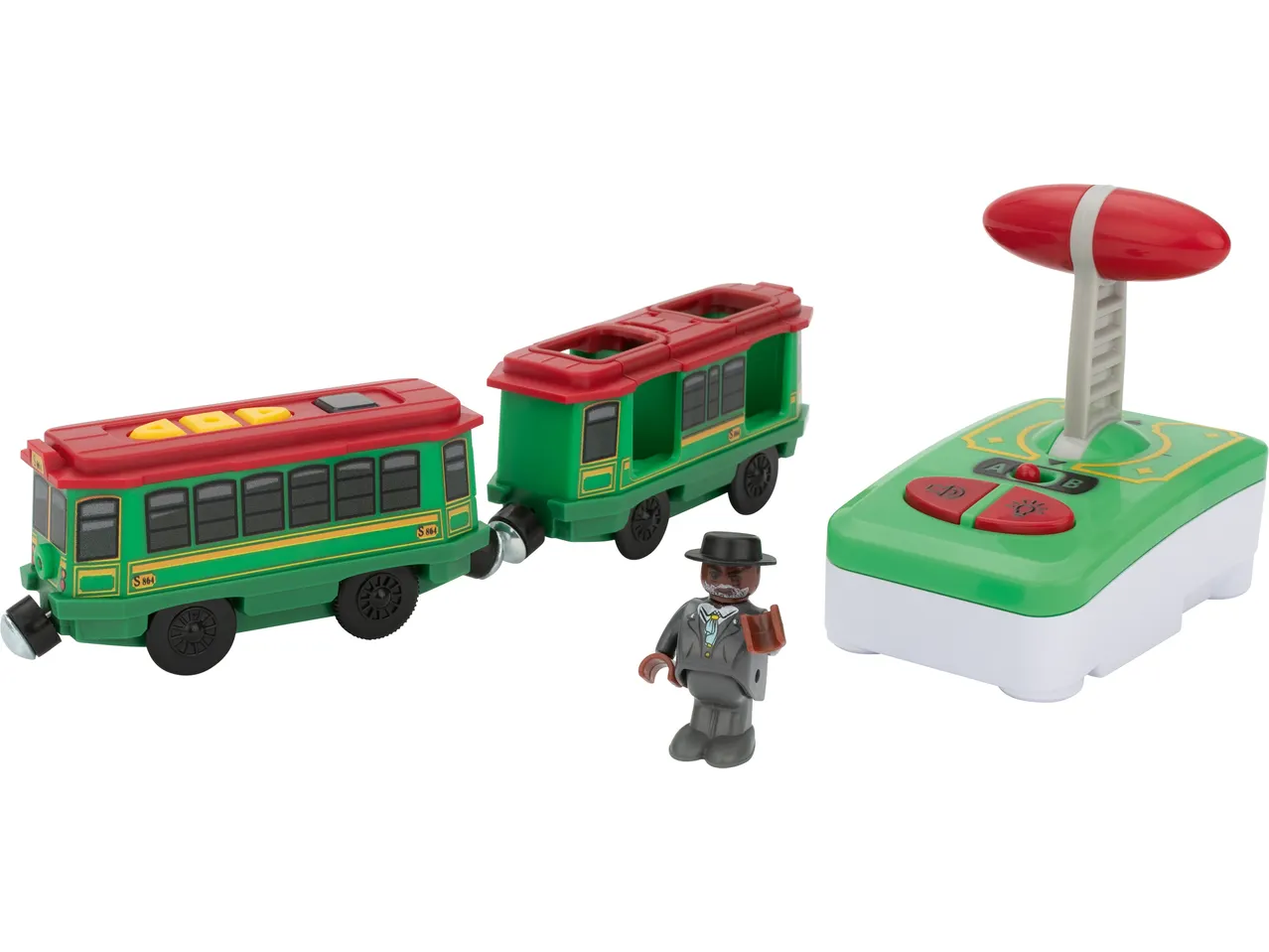 Žalias ir raudonas žaislinis traukinys su nuotolinio valdymo pulteliu ir minifigūrėle.