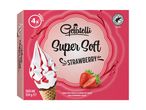 Box of strawberry super soft ice cream cones with vanilla flavor and strawberry sauce.