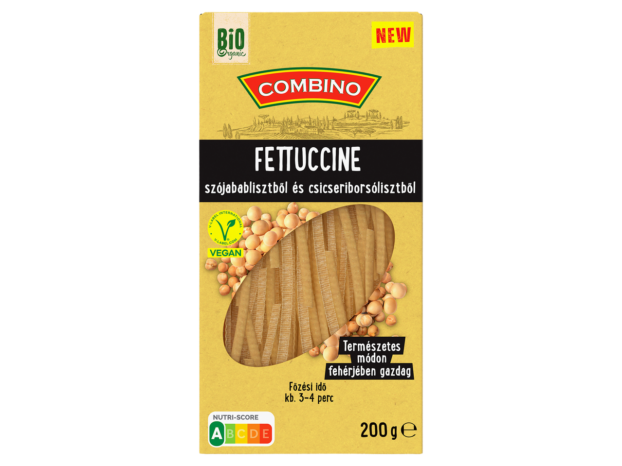 Bio vegán fettuccine tészta szójabab- és csicseriborsólisztből, 200 g-os kiszerelésben.