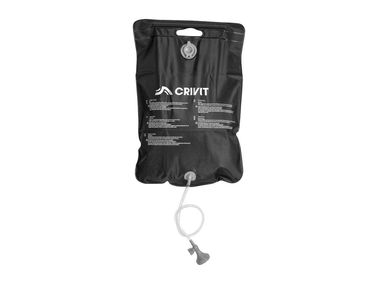 Black portable solar shower bag with a hose and shower head, featuring instructions in multiple languages.