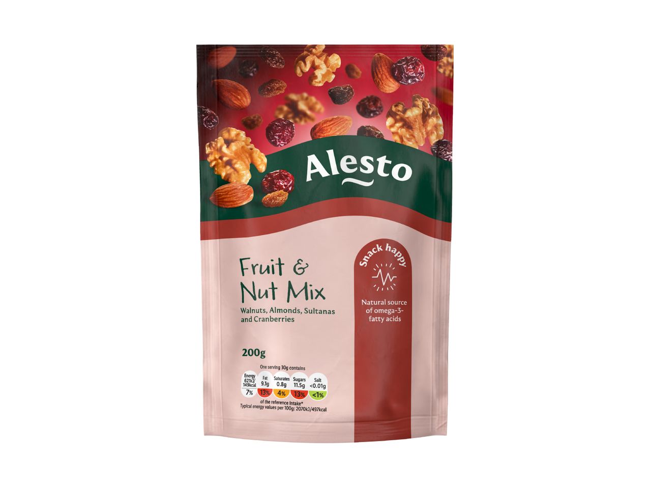 Fruit & Nut Mix with walnuts, almonds, sultanas, and cranberries, 200g, with nutritional information.