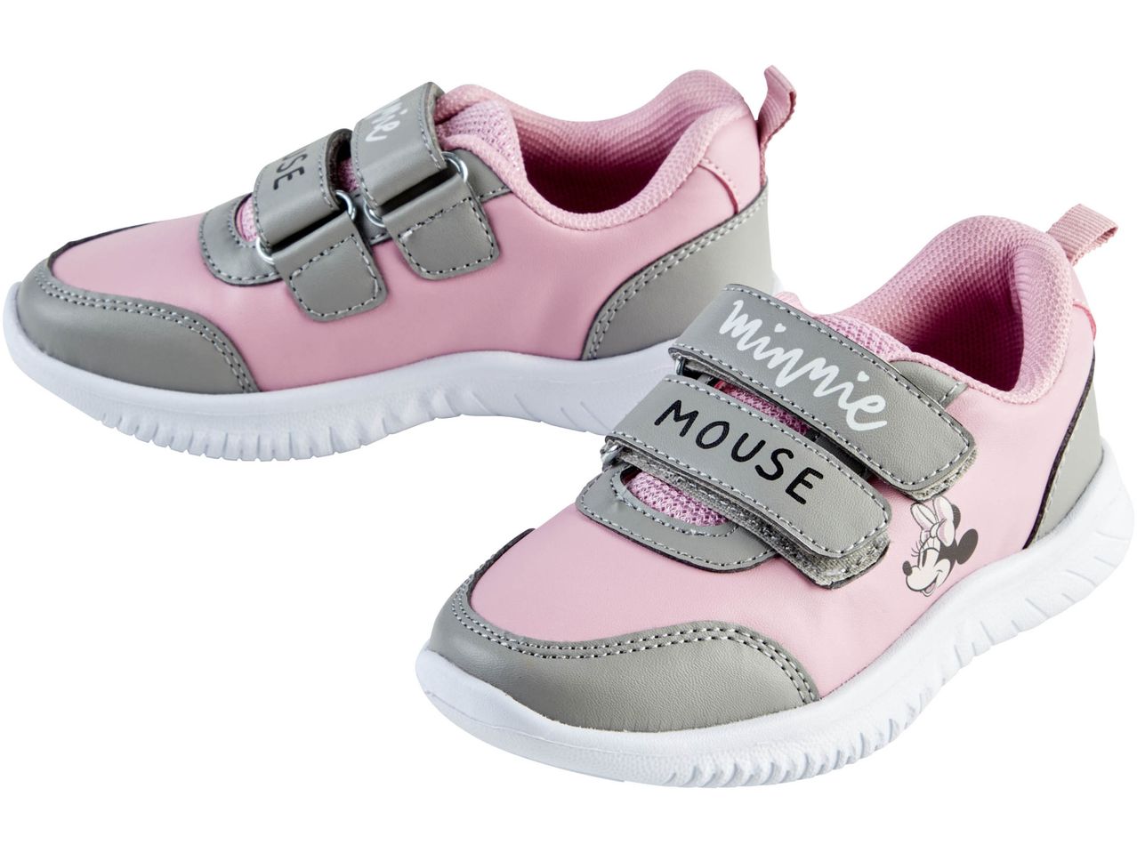 Pink and gray Minnie Mouse sneakers with velcro straps.