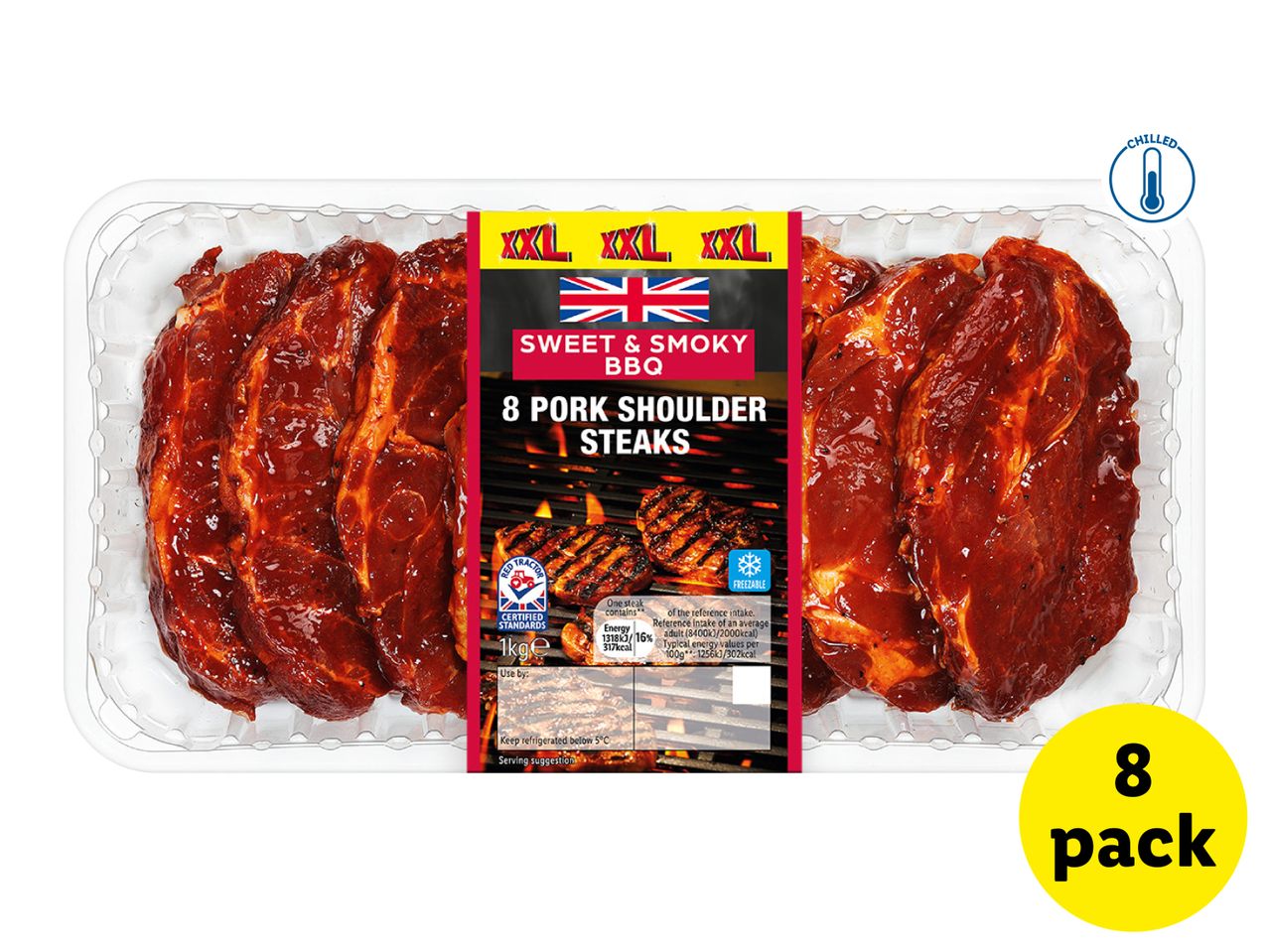 Pack of 8 sweet and smoky BBQ pork shoulder steaks, XXL size, 1kg, chilled and freezable.