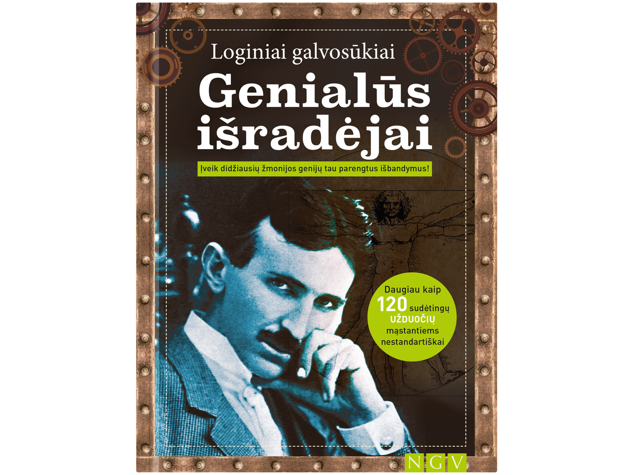Knygos viršelis „Loginiai galvosūkiai: Genialūs išradėjai“ su Nikolos Teslos atvaizdu.