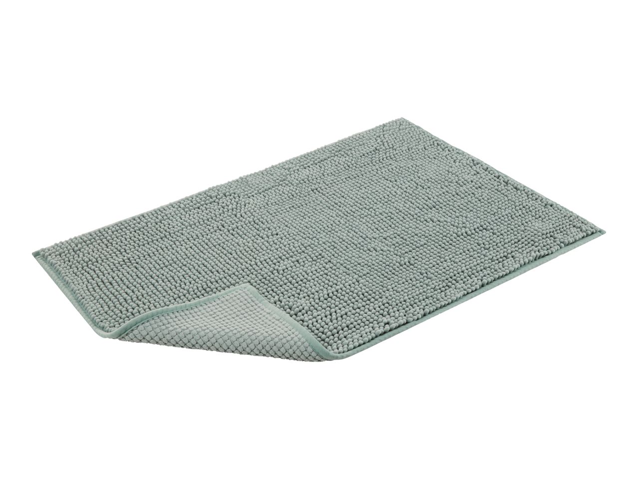 A sage green bath mat with a textured surface is shown folded slightly.