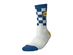 White sock with blue and white checkerboard pattern, yellow heel, and blue toe.