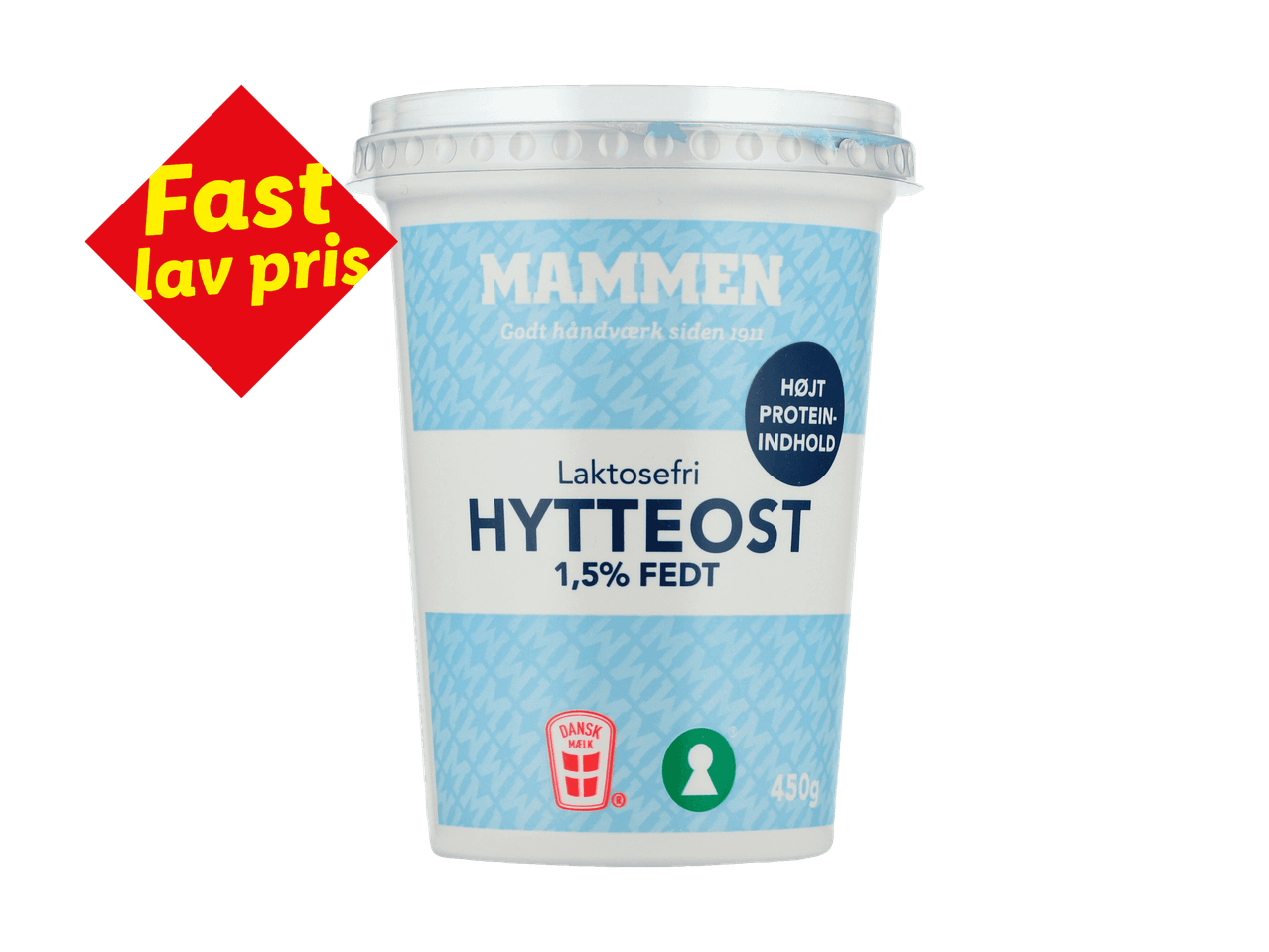 Laktosefri hytteost med 1,5% fedt og højt proteinindhold, mærket med 'Fast lav pris'.