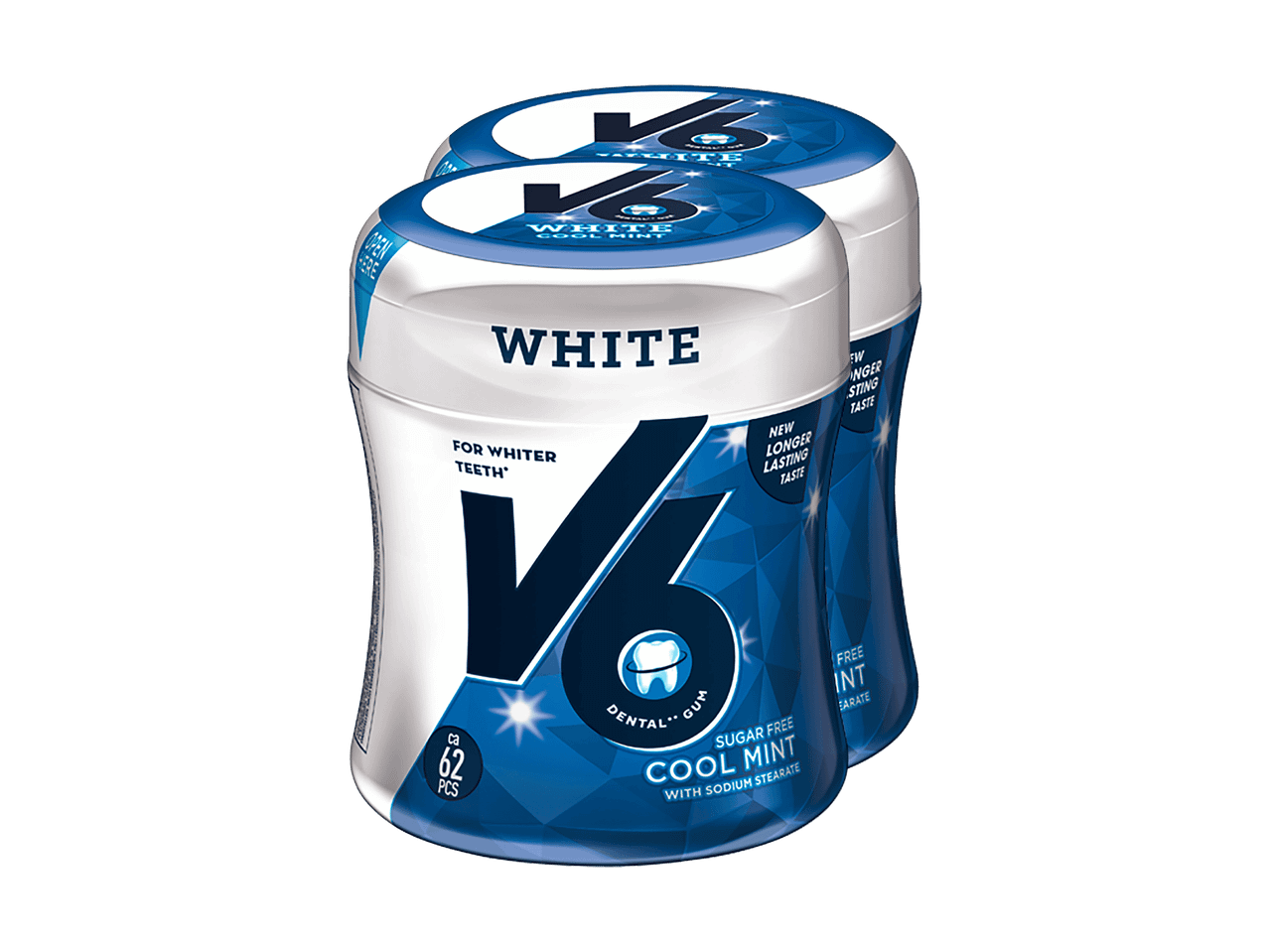 Zwei Packungen V6 White Cool Mint Kaugummi für weißere Zähne.