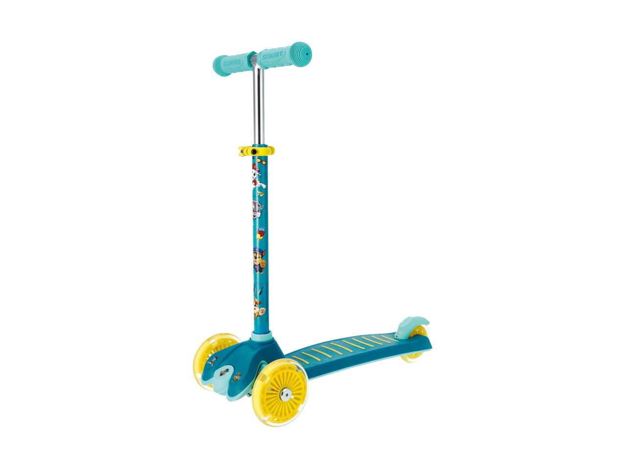 Blå børnescooter med tre hjul, gule hjul og Paw Patrol-tema.