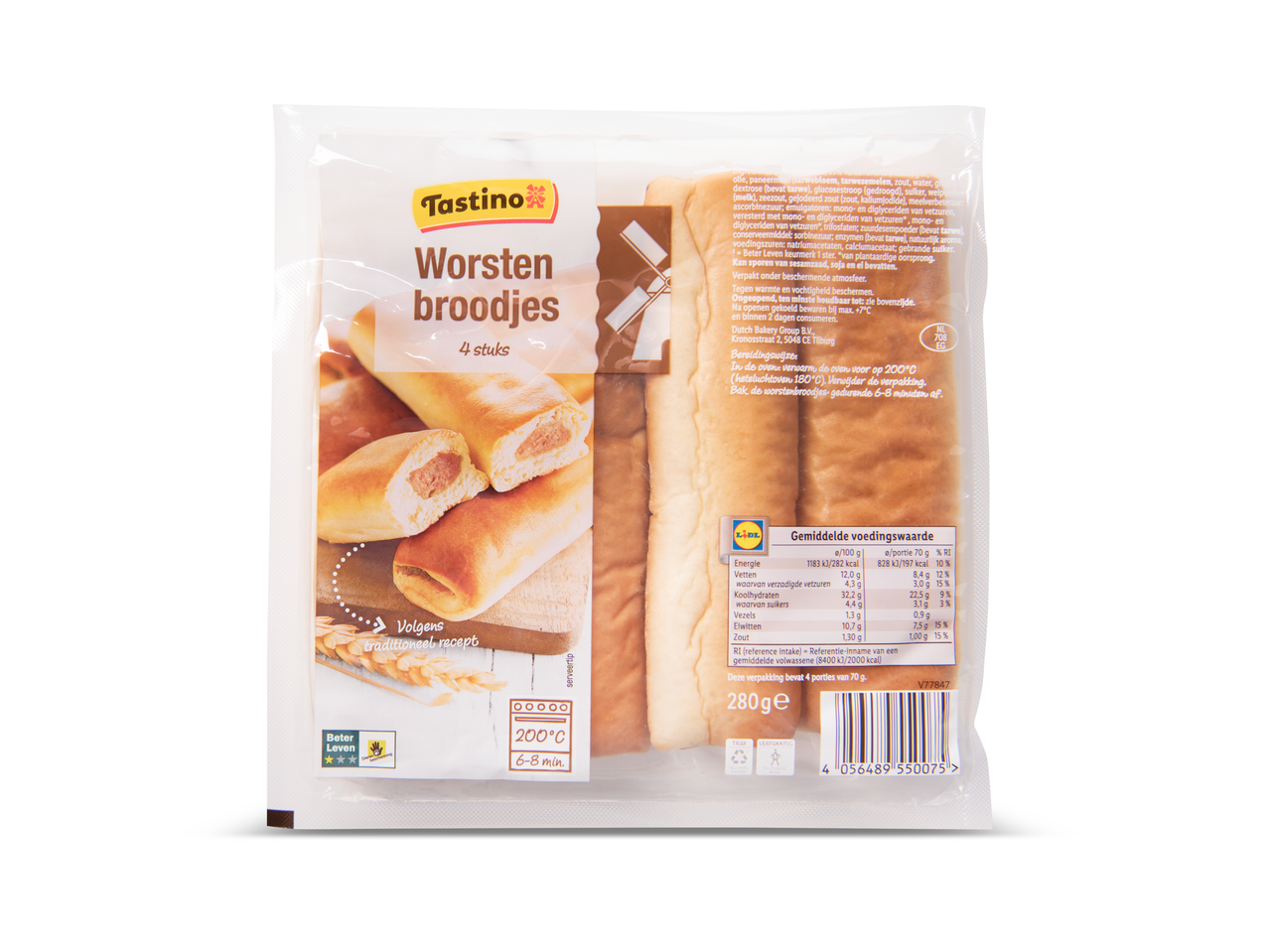 Tastino worstbroodjes: Verpakking met vier traditionele worstbroodjes.
