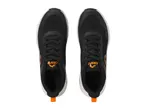 Pair of black and orange athletic shoes with white soles, top-down view.
