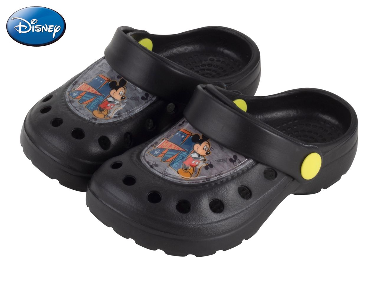 Disney children's black clogs with a cartoon print.