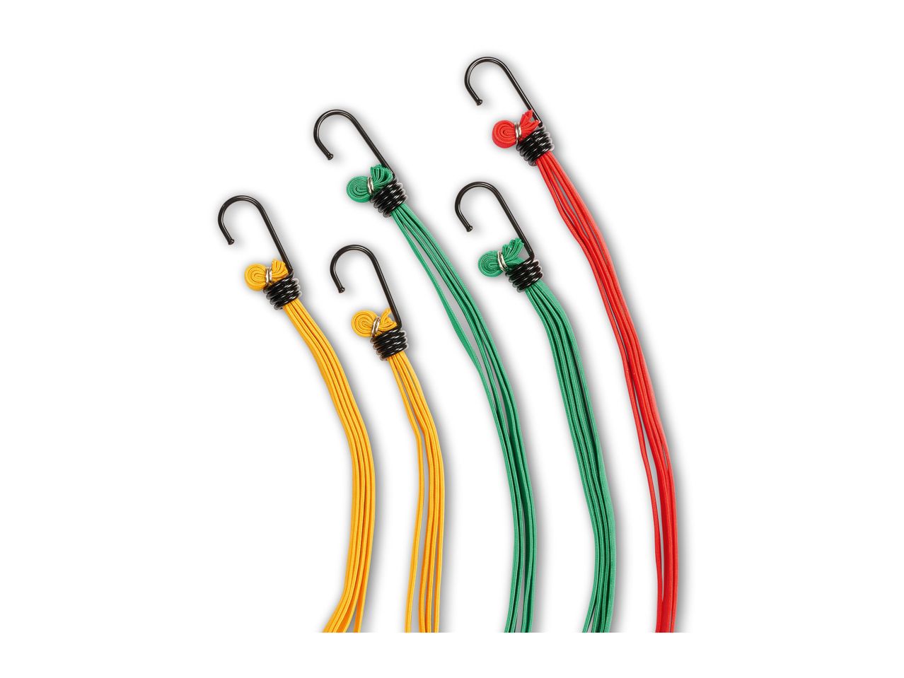 Assortment of colorful bungee cords with hooks.