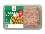 Pakke med hakket kyllingekød med 7-10% fedt, med opskrift på tacos.