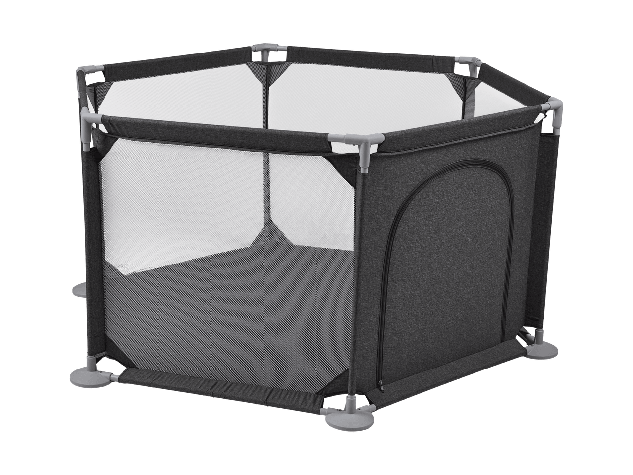 Parc hexagonal gris foncé avec côtés en maille et ouverture zippée.