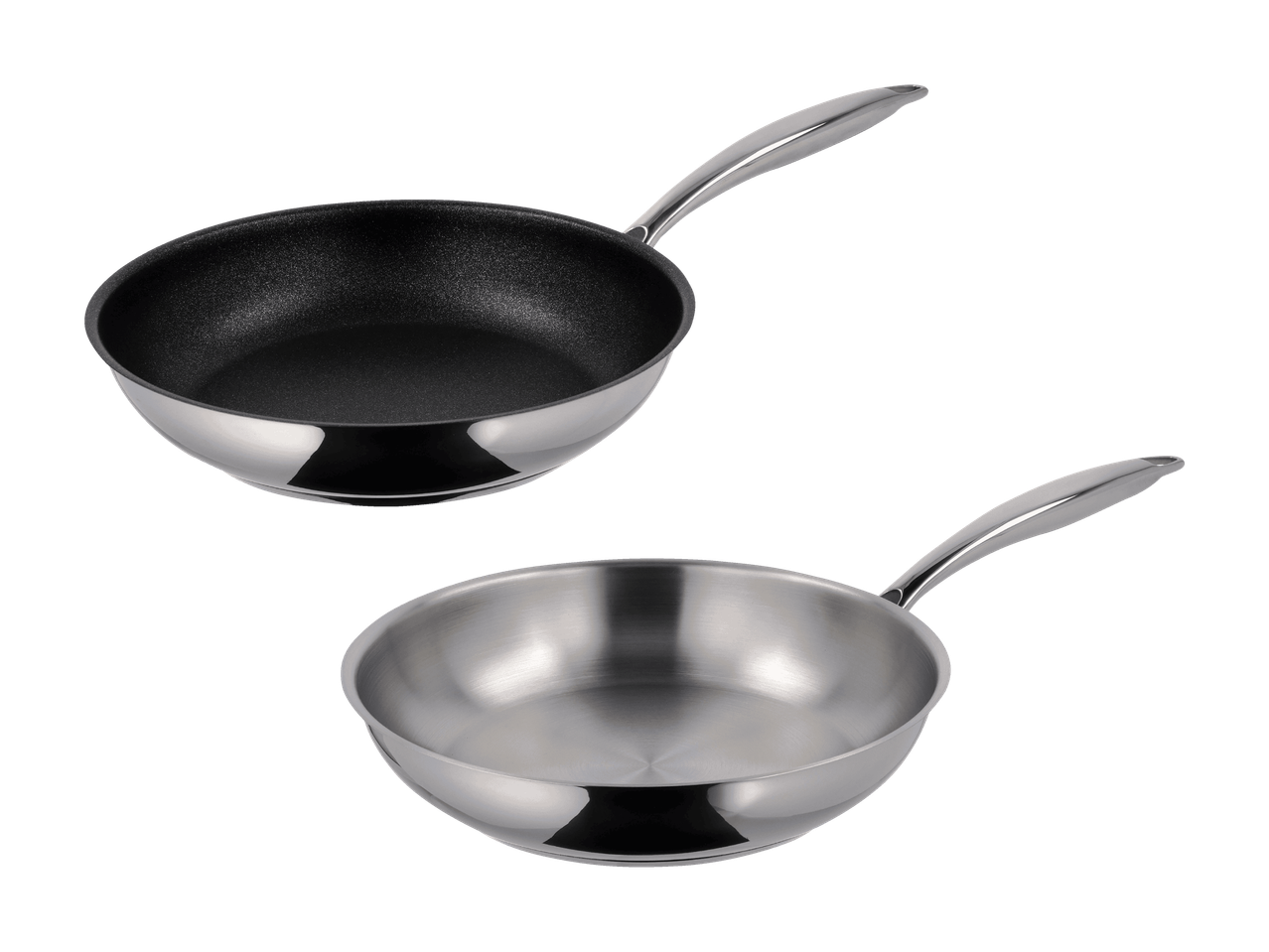 Zwei Edelstahlpfannen, eine mit schwarzer Antihaftbeschichtung und die andere mit Edelstahl-Innenseite.