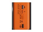 Orange portable speaker with USB, TF card slot, volume controls, power switch, and 5V input/output ports.