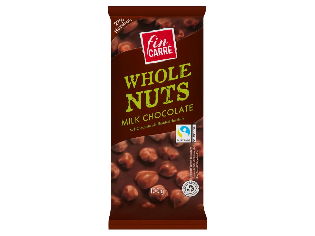 Fin Carré Whole Nuts tejcsokoládé pörkölt mogyoróval, 100g