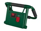 Green portable work light with a handle, power button, battery indicator, and USB ports.