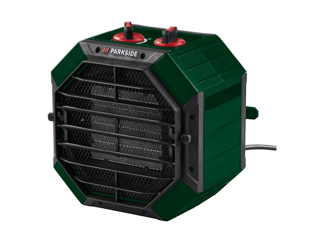 Green and black industrial fan heater with red control knobs