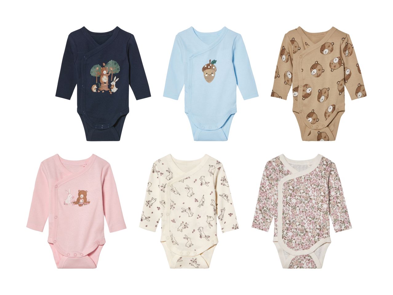 Sechs langärmelige Baby-Bodys mit Tier- und Pilzmotiven.