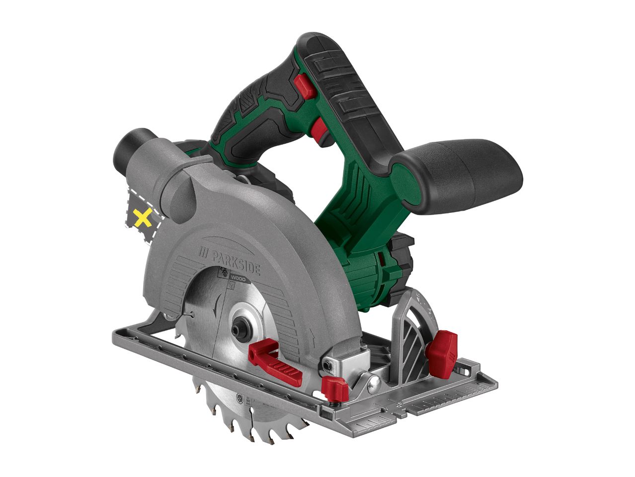 A grey and green circular saw with a red trigger and adjustment knobs.