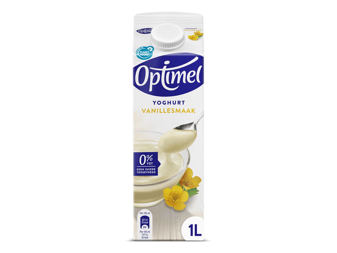 Een pak vanille yoghurt met 0% vet en zonder toegevoegde suiker, met een inhoud van 1 liter.