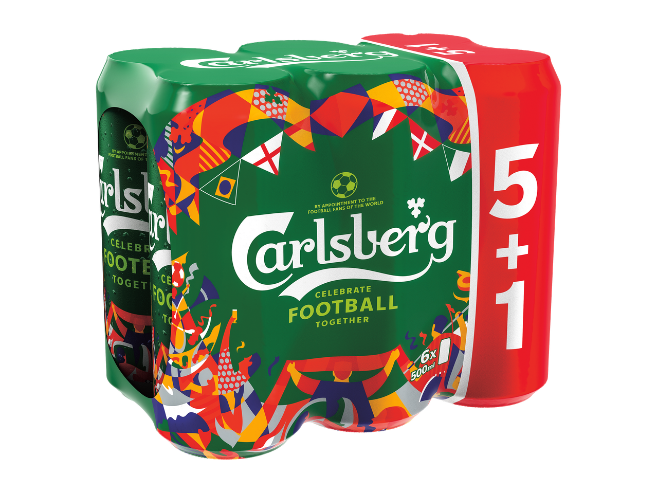 Pachet de 6 doze de bere, 5+1 gratuit, cu tematică de fotbal și steaguri internaționale.