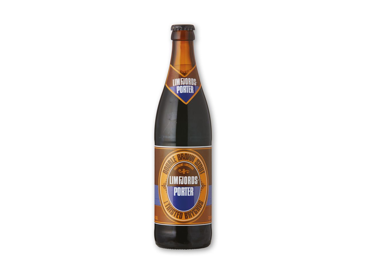 En flaske mørk øl med en brun og blå etiket, der læser 'Limfjords Porter' og 'Double Brown Stout'.